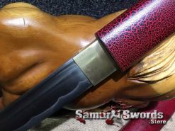 Tanto Knife 1060 Carbon Steel With Red Leopard Leather Wood Saya