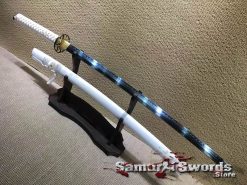 Battle Ready Katana Sword T10 Clay Tempered Steel Blue Acid Dye with White Saya