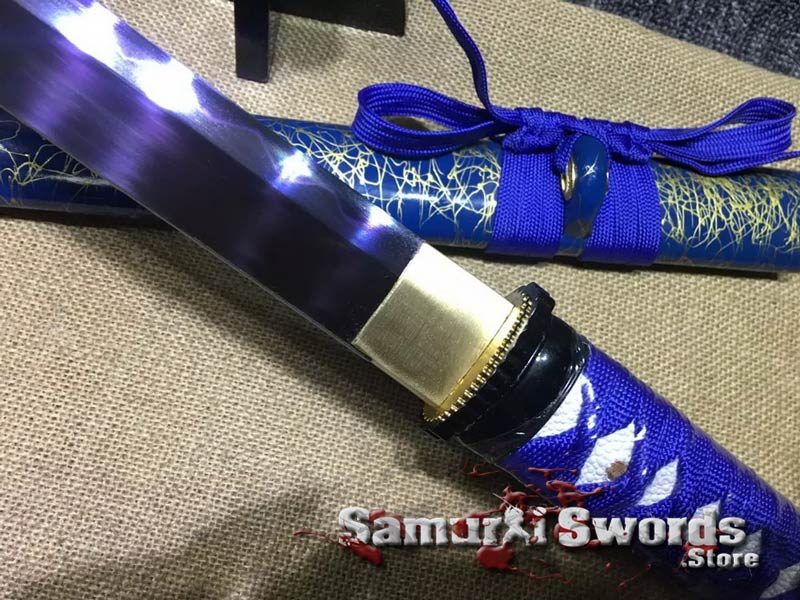 Ninjato Sword T10 Clay Tempered Steel With Blue And Gold Saya