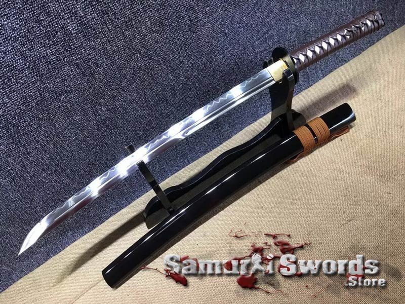 Samurai Wakizashi Sword T10 Clay Tempered Steel With Black Saya