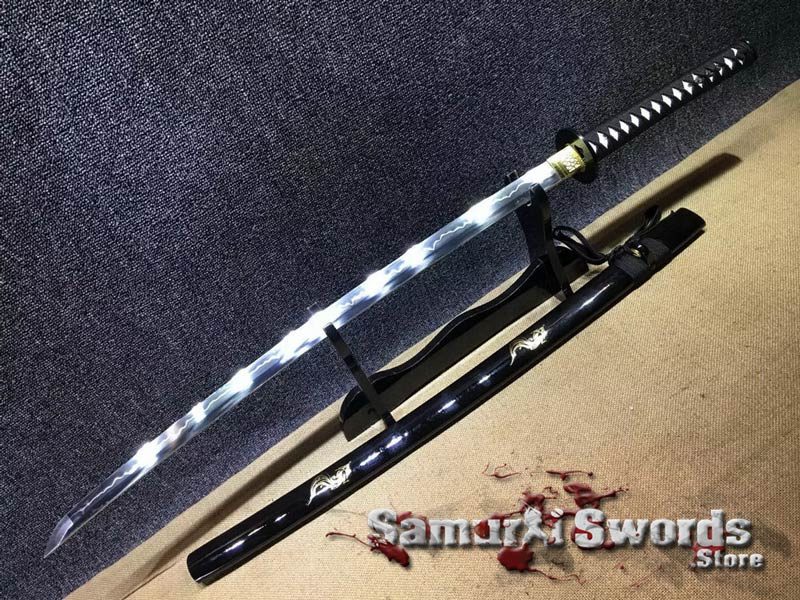 Katana Sword T10 Clay Tempered Steel With Black Engraved Rooster Saya