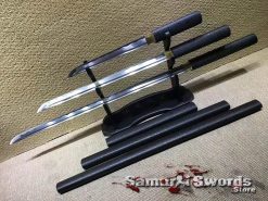 Katana Wakizashi and Tanto Samurai Sword Set 1060 Carbon Steel with Sparkle Black Hardwood Saya