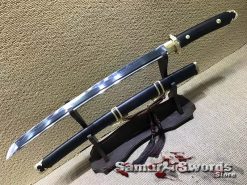 Wakizashi Sword T10 Clay Tempered Steel with Ebony Wood Saya