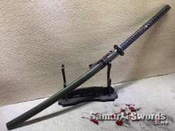 T10 Folded Clay Tempered Samurai Nagamaki with Hadori Polish and Synthetic Green Leopard Leather Wood Saya