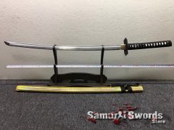 Full Tang Katana Sword 1060 Carbon Steel Synthentic Leather Shiny Gold Saya (1)