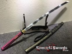 Samurai Katana Blade T10 Clay Tempered Steel Sythentic Leopard Saya with Shoulder Strap (4)