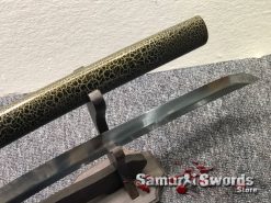 Wakizashi Sword 1095 Folded Steel Synthetic Green Leopard Leather Wood Saya (12)