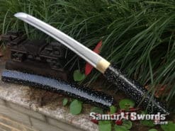 Duo Shirasaya Sword Set Wakizashi & Tanto 1060 Carbon Steel with Black Snow Flake Printed Hardwood Saya (6)