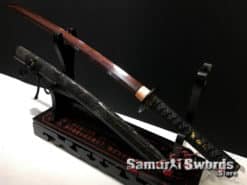 Wakizashi Sword T10 Clay Tempered Steel with Red Acid Dye and Hadori Polish with Full Black Ray Skin Saya (9)